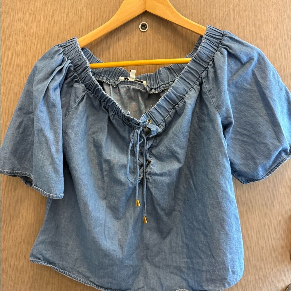 Denim Blue Women's Blouse with Lace-Up Front